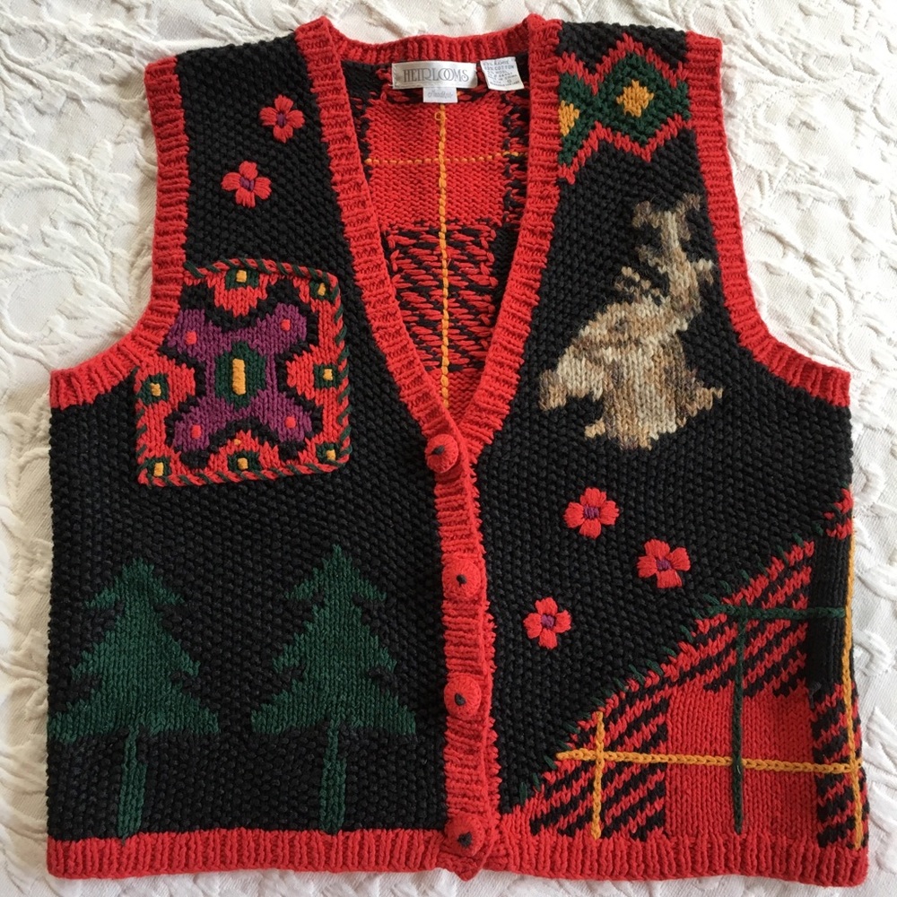 🎄Hand-knit cotton vest, the reindeer is wool.🥰 Holiday plaid is a classic.